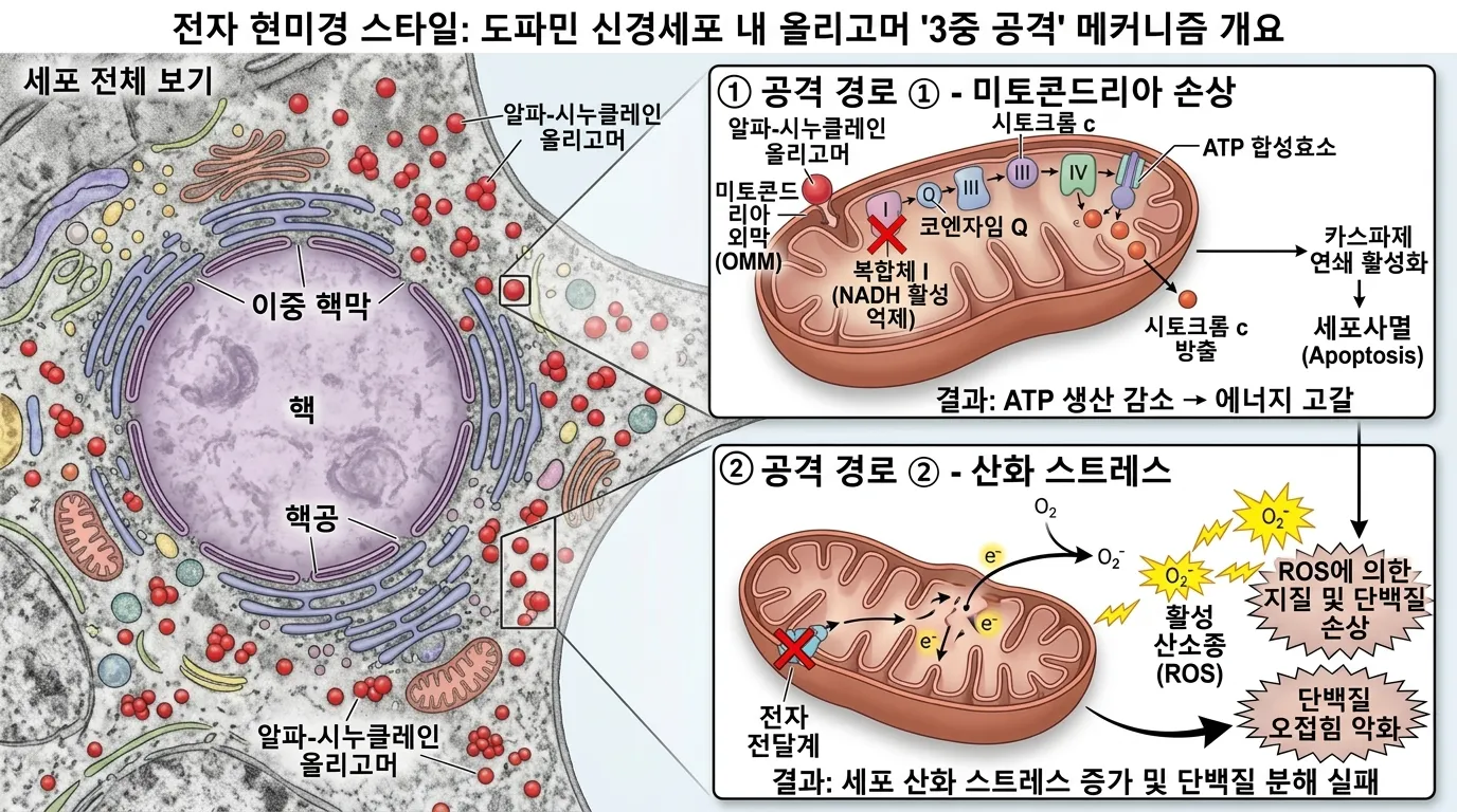 신경세포 손상 메커니즘 — 3중 공격